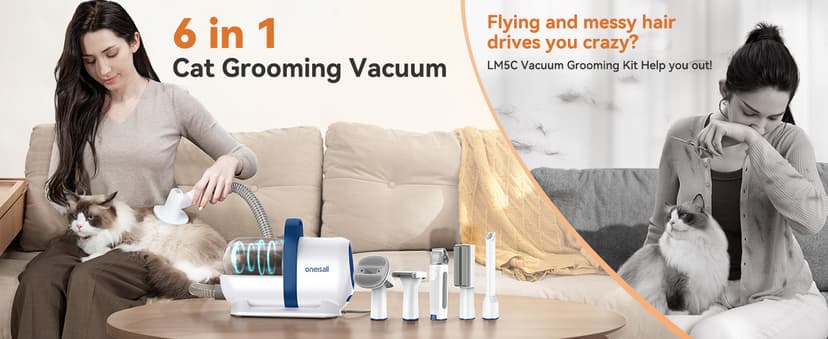 oneisall Cat Vacuum Groomer Quiet, Pet Vacuum Grooming Kit with Clipper Paw Trimmer & Brush, 1.5L Large Dust Cup Pet Vacuum for Shedding, Trimming & Home Cleaning