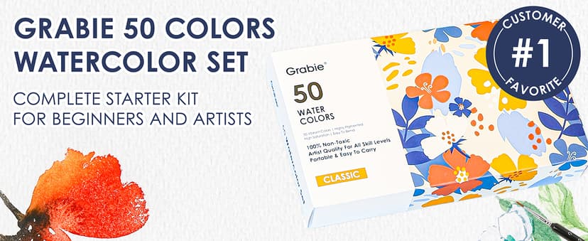 High Pigment Paints, Blendable Colors, Portable Travel Case, Painting, Sketching, Illustration, Beginner And Hobby Artists Grabie 50 Color Watercolor Paint Set with Brush Pens B0BJPQ3TKS