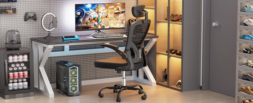 Ergonomic Office Chair, 300lbs High Back Breathable Mesh Desk Chair with Lumbar Support, Comfy Gaming Chair with Headrest and Flip-Up Arms, 360° Swivel Computer Task Chair for Home Office, Black