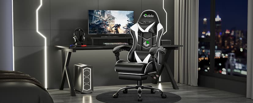 Czlolo Gaming Chair with Footrest Racing Style Lumbar Support Massager Video Game Chair with Metal Legs, High Back Reclining Gamer Chair with Headrest, 360° Swivel Office Computer Desk Chair (White)