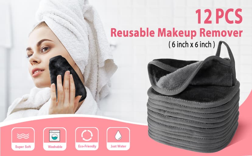 Makeup Remover Cloth, 6" x 6" Makeup Remover Towels Reusable Face Cloth for Washing Face, Makeup Remover Pads Microfiber Face Washcloth with Mesh Bag, 12 Pack, Grey