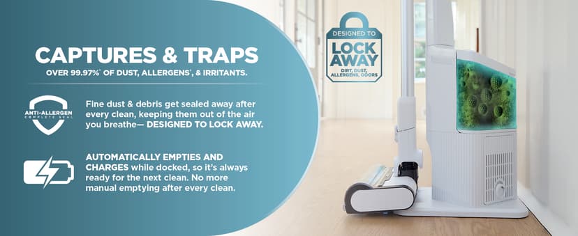 Shark Clean & Empty Cordless Stick Vacuum – Lightweight Cordless with HEPA Filter, Portable, Rechargeable, Auto-Empty System, Stick Vacuum for Pet Hair, Carpets & Hardfloor, White, BU3521