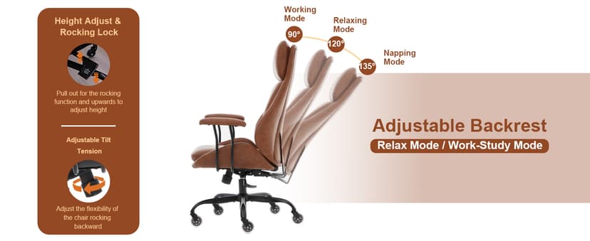 E-Motie Office Chair, Leather Desk Chair with Rubber Wheels, Ergonomic Computer Chair 500 LBS with Lumbar Support, High Back Executive Chair for Modern Home Office, Brown