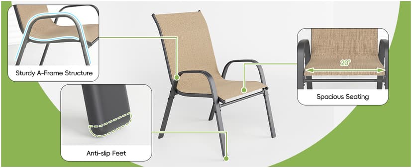 Patio Chairs Set of 4, Outdoor Dining Chairs Stackable for All Weather, Breathable Metal Modern Outside Furniture Chair for Pool Side, Garden, Backyard Deck, Brown