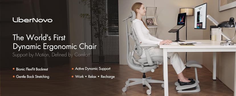 LiberNovo Dynamic Ergonomic Desk Chair + StepSync Footrest Bundle - Comfy Home Office Chair with Adaptive Lumbar Support, 160° Recline & Built-in Spine Stretch, Black+48cm
