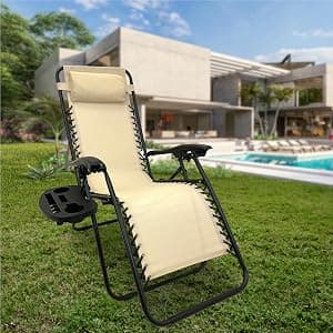 EasyGo Product Zero Gravity Lawn Lounge Pillow and Cup Holder Furniture Outdoor Adjustable Dining Reclining Folding Chairs for Deck Patio Beach Yard, 2 Pack TAN