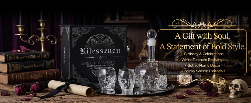 Spooky Skeleton Glass Decanter, Dark Academia Home Bar Decor & Man Cave, Cool Halloween Gifts for Men & Whisky Lovers Gothic Skull Whiskey Decanter Set, 34 oz, with 2 Rocks Glasses B0HC61CTR3