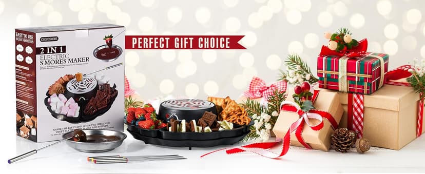 2 in 1 Electric S’mores Maker & Fondue Pot, Tabletop Indoor Smores kit with 4 Roasting Forks, 4 Detachable Trays & 1 Flameless Temperature-controlled Heater, Movie Night Supplies & Housewarming Gifts