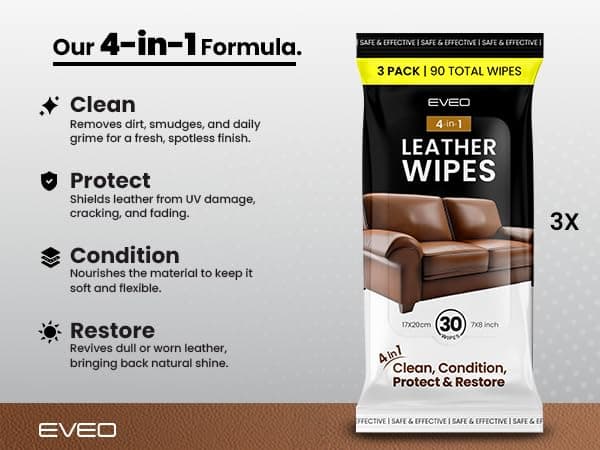 EVEO Leather Cleaner Wipes 4-in-1 Leather Cleaner and Conditioner for Furniture, Car Interior, Couch, Shoes & Purses – UV Protection, XL Moistened Cleaning Wipes Restore & Protect – 3 Pack (90 Total)
