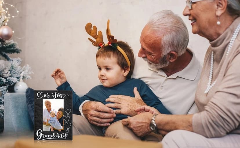FLYAB First Time Grandparents Picture Frame - Our First Grandchild Leather Photoframe for New Grandparent Christmas Gifts for First Time Grandma Picture Frame Grandparents' Day Gifts