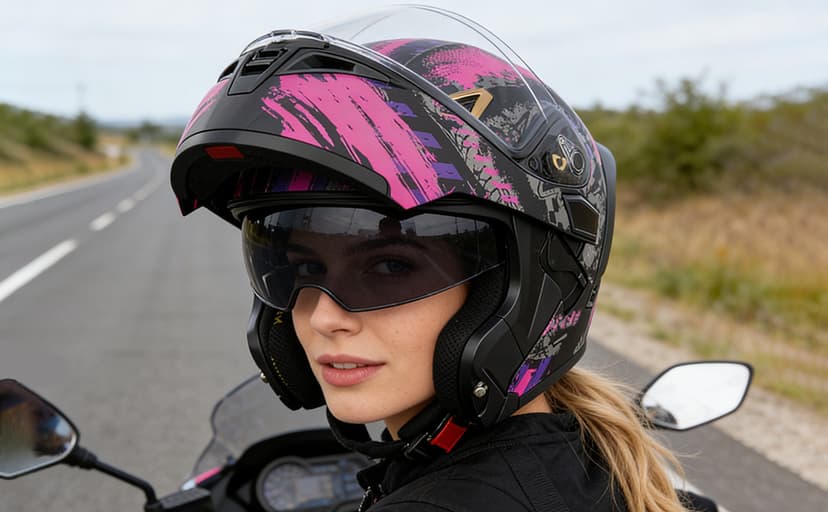 Womens Motorcycle Helmet with Bluetooth - DOT Modular Motorcycle Helmets with Dual Visor, Flip Up Full Face Purple Helmet with Speaker and Mic