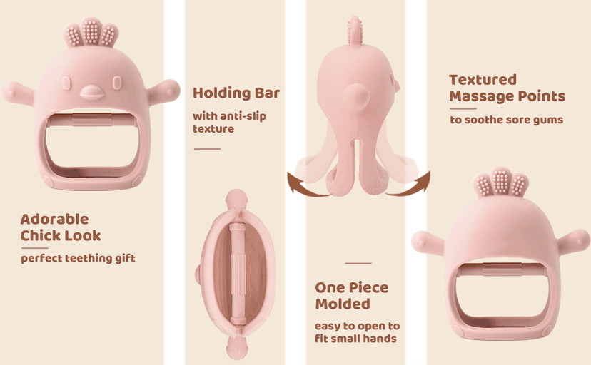 2 Pack Baby Teething Toy Silicone Teething Mitten for Babies Over 3 Months Anti Dropping Wrist Hand Teethers Baby Chew Toys for Sucking Needs, BPA Free (Pink & Caramel)