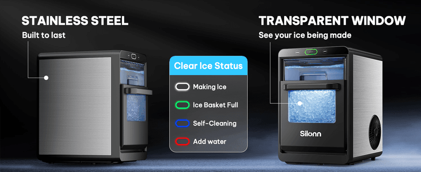 Silonn Nugget Ice Maker Countertop - 44lbs/24h Crushed/Pebble Ice Machine, Front Pull-Out Water Tank & Removable Basket, Stainless Steel Finish for Home Kitchen