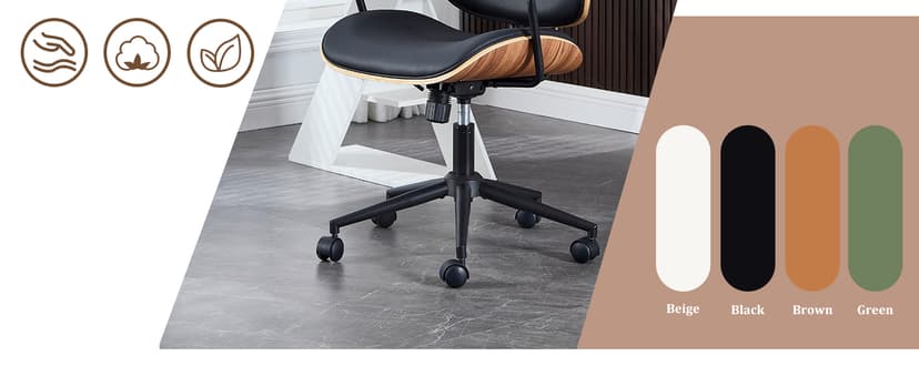 BV BONNE VIE Mid Century Walnut Office Chair with Arms, Adjustable Swivel Desk Chair, Leather Computer Chair with Rolling Wheels for Home Office or Study Room, Black