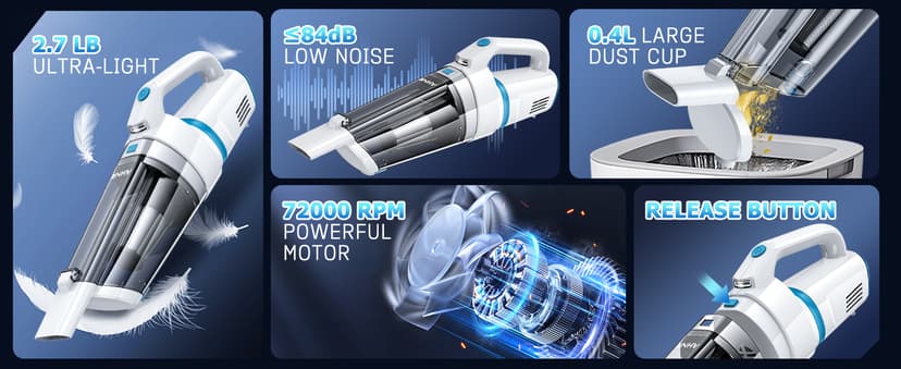 AHNR Handheld Vacuum Cordless, 16000PA Powerful Suction Hand Held Vacuum Dust Busters Cordless Rechargeable with LED Light & 2 HEPA Filters, Portable Car Vacuum Cleaner High Power for Car Home Office