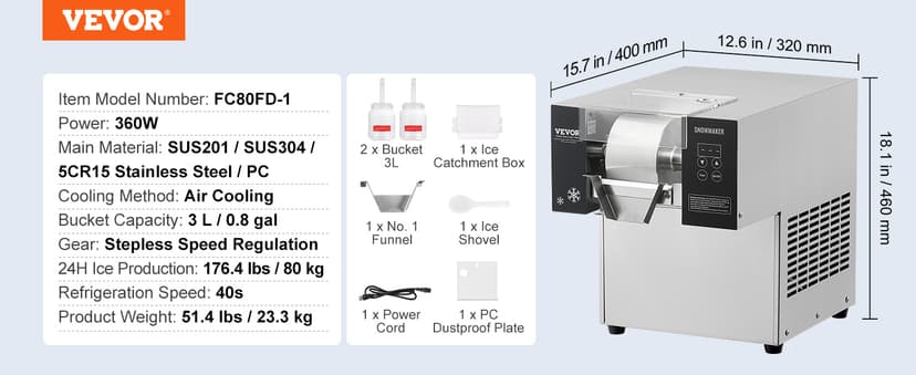 VEVOR Commercial Snowflake Ice Machine, 176.4LBS/24H Snowflake Ice Maker, Stainless Steel Ice Shaver Machine, Electric Snow Cone Maker, Air Cooling System for Rapid Heat Dissipation, for Bakery, Café