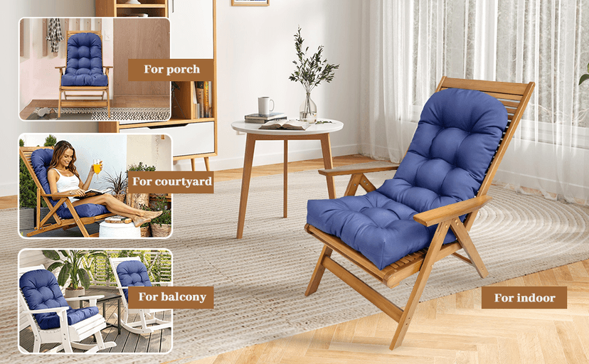 Rocking Chair Cushion Adirondack Chair Cushions with Non-Slip Ties, High Back Patio Chair Cushions,Fade-Resistant & Waterproof,Indoor/Outdoor Rocking Chair Pad for Living Room, Deck, Blue