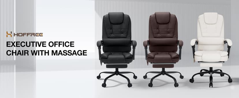 HOFFREE Massage Office Chair with Foot Rest 7 Points Vibration Ergonomic Executive Desk Chair Leather Computer Office Chair Black
