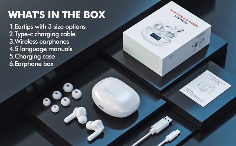 Fhumsh Wireless Earbuds, Bluetooth 5.4 HiFi Stereo Headphones with Noise Cancelling Mic, 50H Playback in Ear Buds with LED Digital Display, IPX7 Waterproof Earphones for Office/Running/Workout White