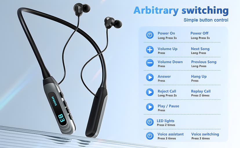 MZYQCY Neckband Bluetooth Headphones,80H Playback Wireless in-Ear Earbuds with Microphone, Sweatproof Around The Neck Headphones for Sport,Running,Workouts (Black)