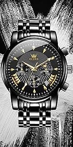 OLEVS Watches for Men Analog Quartz Luxury Diamond Waterproof Chronograph Stainless Steel Big Face Square Date Moon Phase Roman Numeral Dress Watch for Men