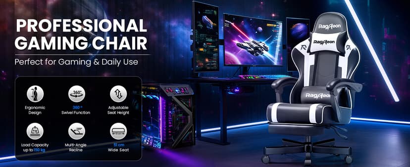 Gaming Chair for Adults Gamer Game - Ergonomic Gaming Chair with Footstool, Headrest, and Lumbar Support Height Adjustable Leather Game Chair’s 200 KG Load Bearing Capacity White