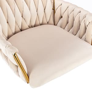 KCC Modern Velvet Home Office Desk Chair with Hand Woven Backrest, Upholstered Adjustable Makeup Vanity Chair with Armrest and Golden Metal Base with Wheels for Living Room Bedroom Study(Beige)