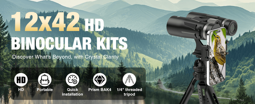 12x42 HD Binoculars for Adults with Phone Adapter, Tripod & Tripod Adapter - BAK4 Prism, FMC Lens, Waterproof & Fogproof, High Powered Scope for Bird Watching, Hunting, Hiking, Travel