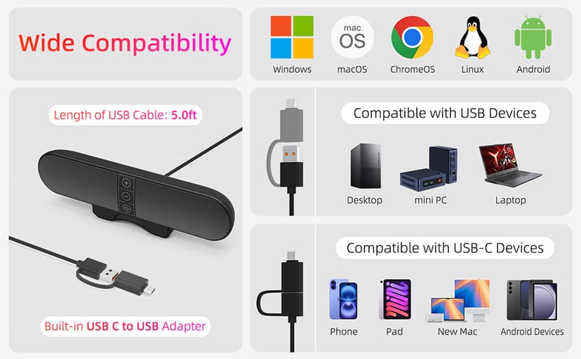Computer Speakers for Desktop PC Monitor, USB Plug-in, Wired, Computer Soundbar for PC, Laptop Speakers with Adaptive-Channel-Switching, Loud Sound, Deep Bass, USB C Adapter, Easy to Clip on Monitor