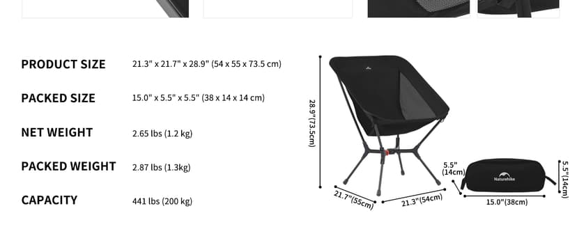 Naturehike YL01 Snap Camping Chair, 1 Second Setup Frame, 441lb Capacity Camp Chair, Portable & Lightweight Backpacking Chair