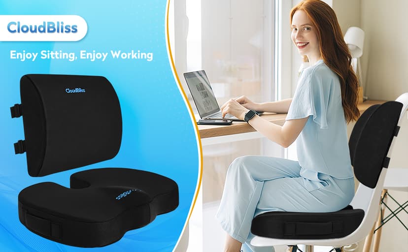 CloudBliss Lumbar Support Pillow & Seat Cushion Set for Office Chair, Desk Chair, Wheelchair & Car – Memory Foam Back Support, Ergonomic Chair Cushions, Sciatica Pain Relief, Home Essentials, Black