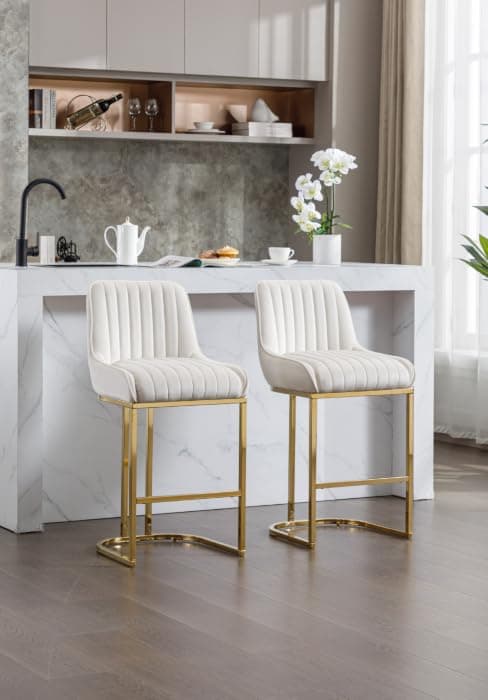 CIMOTA Counter Height Bar Stools Set of 2 with Back Modern Kitchen Counter Stools with Gold Legs Leather Island Chairs Comfy Stripe Barstools for Breakfast Bar, 26 Inch/PU Beige