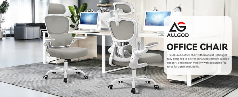 ALLGOD Ergonomic Office Chair, Mesh Desk Chair with Lumbar Support, High Back Home Office Chair with Adjustable Headrest and Flip-Up Arms, Comfortable Computer Chair, Thick Cushion, 300 LBS, LightGray