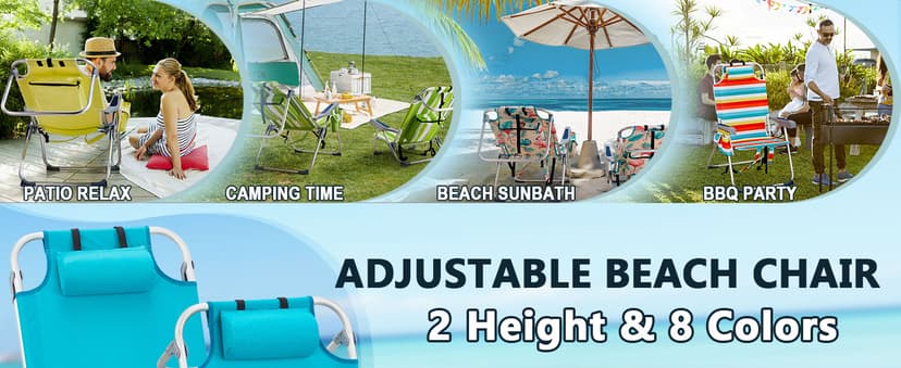 Outvita Backpack Beach Chair, 5 Level Adjustable Positions Beach Chair with Back Storage Bag, Cooler Pouch and Side Bags for Beach Poolside Lawn