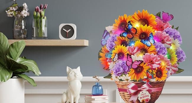Birthday Cards with MUSIC & LIGHTS, Pop Up Happy Birthday Card, Sunflower & Butterfly, 10 Inch Life Sized Forever Flower Bouquet Gifts for Women Mom Grandma