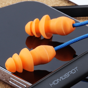 HomeSpot Noise Reduction Wireless Neckband Headphones with Qualcomm aptX HD, 27dB NRR, CVC Noise Cancelling Mic & Controls and 20H Playtime for Work Safety OSHA Compliant - Blue Wire Orange Earbuds