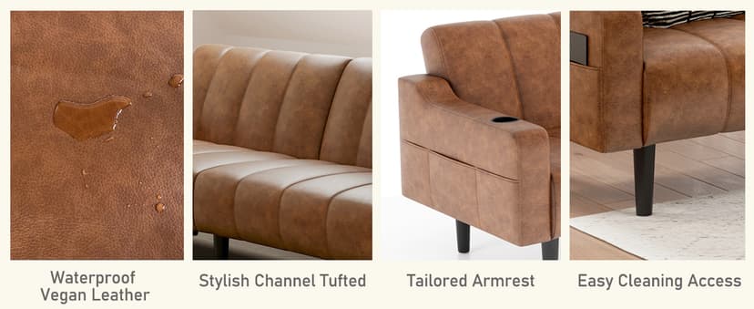 Brelice 80'' Leather Couch, Futon Sofa Bed, Faux Leather Couch with Adjustable Backrest, 2 Cup Holders & Side Pockets, Mid Century Modern Sofa for Living Room, Bedroom, Brown