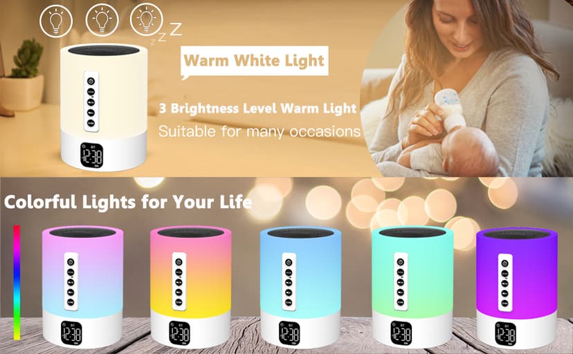 Alarm Clock Bluetooth Speaker, Night Light White Noise Machine Touch Bedside Lamp with Alarm Clock for Kids Multi-Color Changing Night Light Xmas Gifts for Teenage Girls Boys Women Teen Girl Gifts