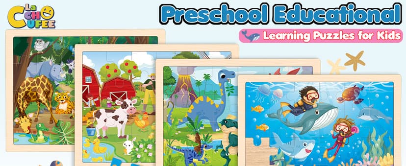 Wooden Animals Puzzles for Kids Age 3 4 5 Year Old, 4 Pack 24 Pcs Montessori Toddler Jigsaw Puzzles for Girl boy Activities Preschool Learning Educational Birthday Gift Travel Autistic Wooden Toys