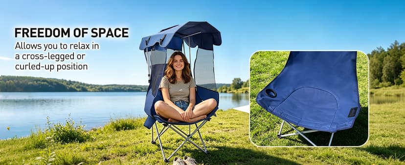 East Oak Oversized Camping Chair with Canopy | 400 LBS Heavy Duty Folding Beach Chair with Canopy Shade, Roomy Seat, Full Sun Protection, Ample Storage | Canopy Chair for Outdoors
