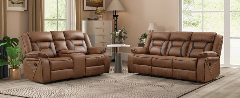 EBELLO Faux Leather Recliner Sofa Furniture Set for Living Room, Recliner Chair, Manual Loveseat, 3 Seat Recliniing Sofa Couch Set for Meeting Room, Brown