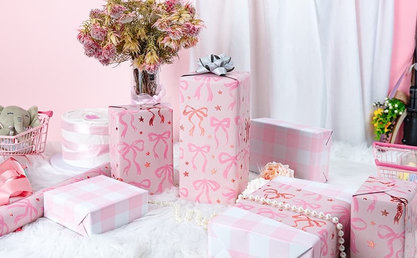 Reversible Plaid Gift Paper for Girl Baby Shower, Birthday, Wedding, Bridal Shower, Memorial Day, 17 Inch x 33 Feet MAYPLUSS Pink Wrapping Paper Roll, Cute Bow Gift Wrap B0DXV62X5W