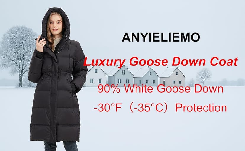 ANYIELIEMO Women’s Thick Long Goose Down Coat Hooded Warm Winter Down Puffer Parka Jacket with Knee-Length Coverage