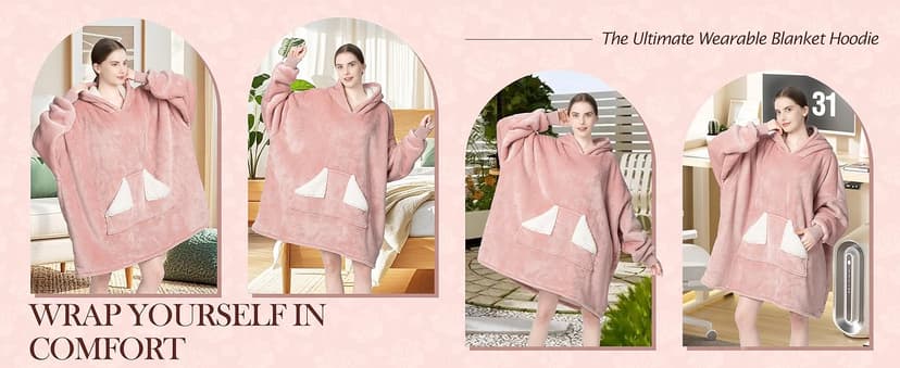 Touchat Wearable Blanket Hoodie, Oversized Sherpa Blanket Sweatshirt with Hood Pocket and Sleeves, Super Soft Warm Plush Hooded Blanket for Adult Women Men, One Size Fits All (Pink)