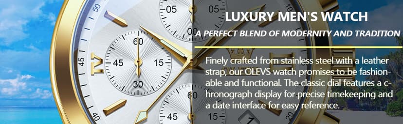 OLEVS Men's Casual Leather Watch, Big Face Chronograph Watch for Men, Fashion Easy to Read Dress Watch, Men's Waterproof Luminous Date Analog Watch, Gold/Black/White/Blue Dial