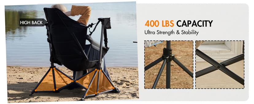 Portal Hammock Camping Chair Heavy Duty 400lbs - Swinging Chair Outdoor with Adjustable Recline & Headrest Pillow, Portable Hammock Swing Chair for Camping Beach Sports Events, Black