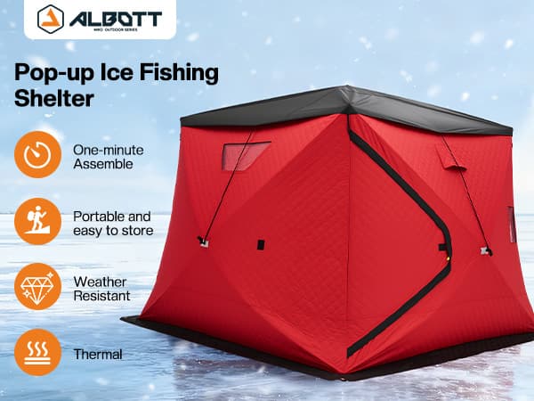 Albott Insulated Pop-Up Ice Fishing Tent, Ice Shanty with Oxford Fabric, Waterproof Rain Cover, Chimney Vent, Anchors, Ropes, Carry Bag, Insulated Large Fishing Area
