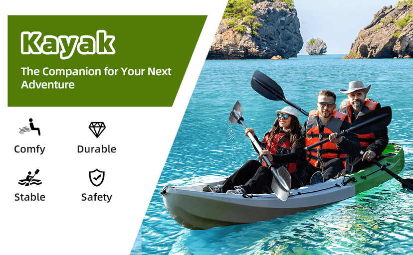 Fishing Kayaks, 12.4FT, 2-3 Person Sit on Top Kayak for Adults with Paddle & Comfortable Seat, Capacity of 600LBS, Hard Shell Recreational Ocean Kayak Boat