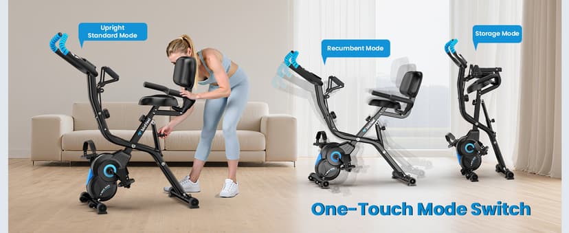 Foldable Exercise Bike, Multifunctional Indoor Stationary Bikes for Home with 8-Level Magnetic Resistance, Quiet Workout Bike with Arm Resistance Bands, LCD Monitor, 300LBS Capacity