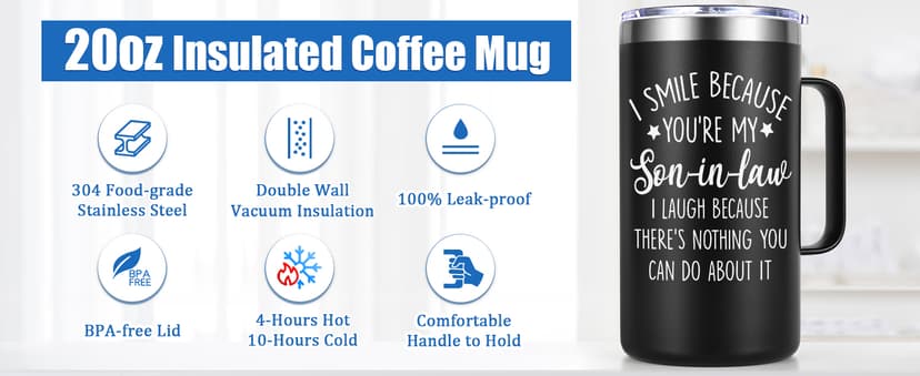 Lifecapido Son in Law Gifts, I Smile Because You’re My Son-in-law 20oz Insulated Coffee Mug, Birthday Christmas Gifts for Son in Law, Black